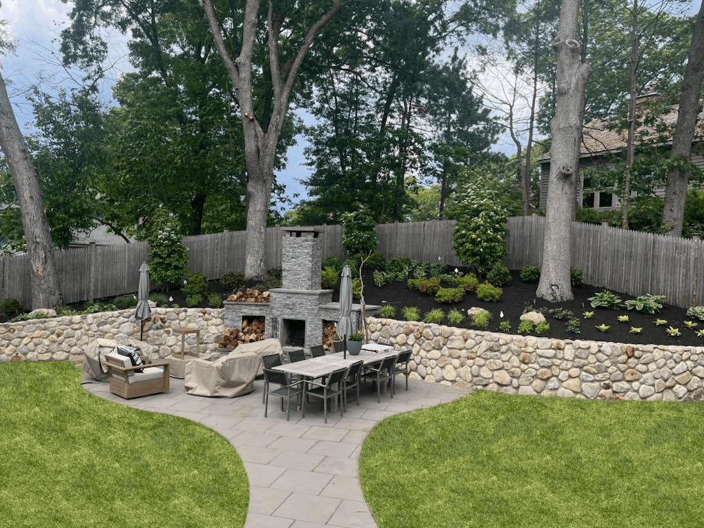 outdoor fire pit and fire places - Leahy Landscaping outdoor fire pit with outdoor fire place massachusetts